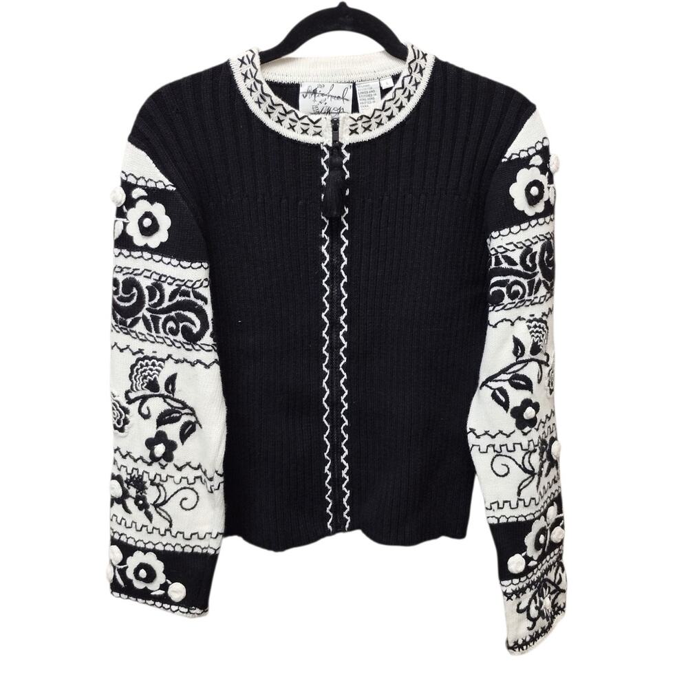 Vintage Michael Simon 3D Floral Embroidered Zip Cardigan Large Artsy Eclectic